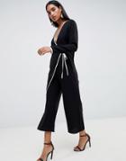 Asos Design Kimono Jumpsuit With Tipping - Black