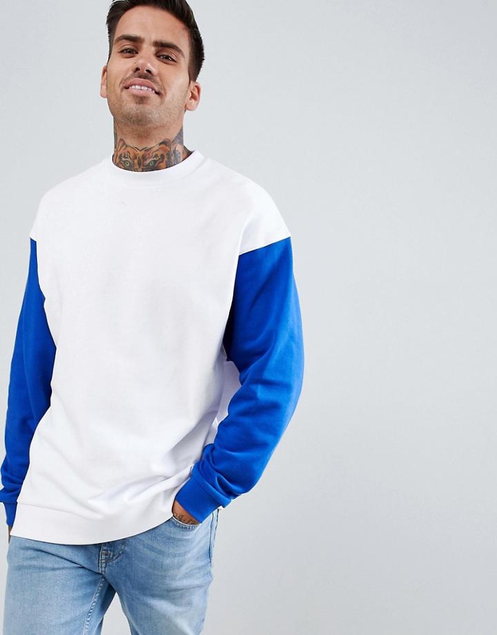 Asos Design Oversized Longline Sweatshirt In White With Contrast Sleeves - White