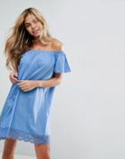Asos Off Shoulder Mini Dress With Lace Hem - Blue