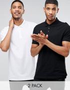 Asos 2 Pack Longline Pique Polo Shirt In Black/white - Multi