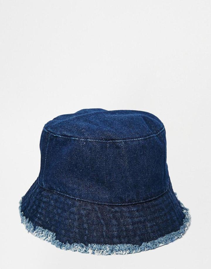 Asos Bucket Hat In Denim With Raw Edge - Navy