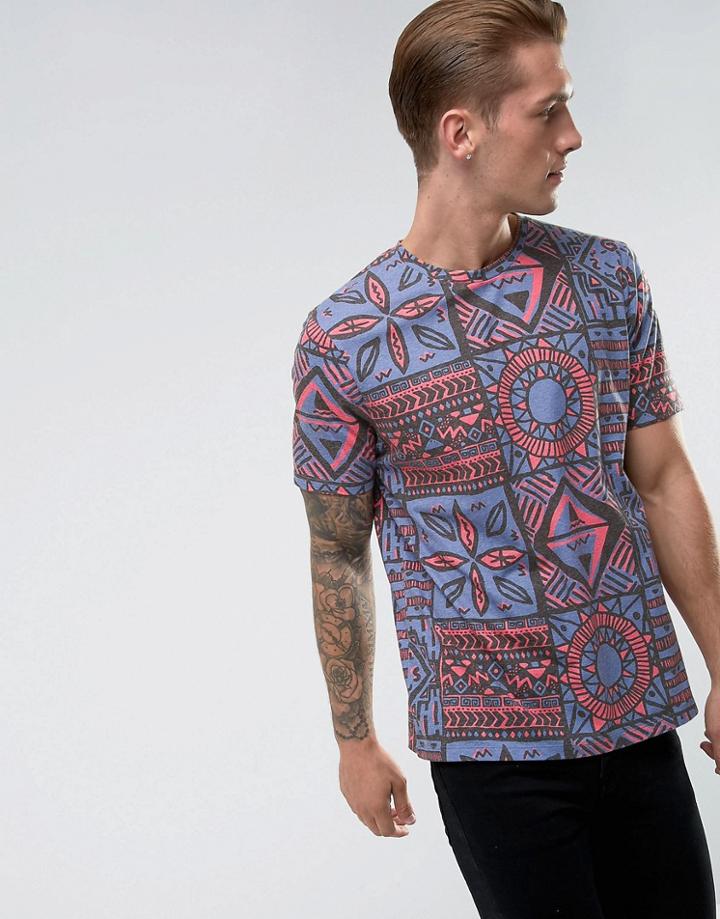 Asos Relaxed T-shirt With Retro Geo-tribal Print - Blue