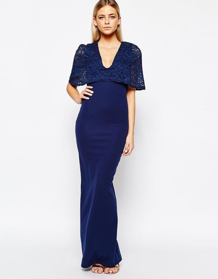 Club L Kimono Sleeve Maxi Dress With Lace Overlay - Navy