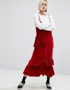 Stylenanda Velvet Cami Midi Dress With Frills - Red