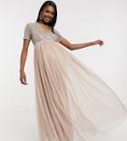 Maya Maternity Bridesmaid Short Sleeve Maxi Tulle Dress With Tonal Delicate Sequins In Muted Blush-neutral