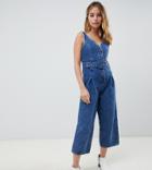 Asos Design Petite Denim Button Through Jumpsuit In Midwash Blue - Blue