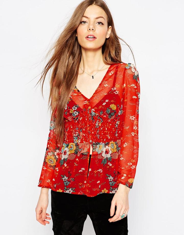 Asos Premium 70's Smocked Blouse In Floral Print - Multi
