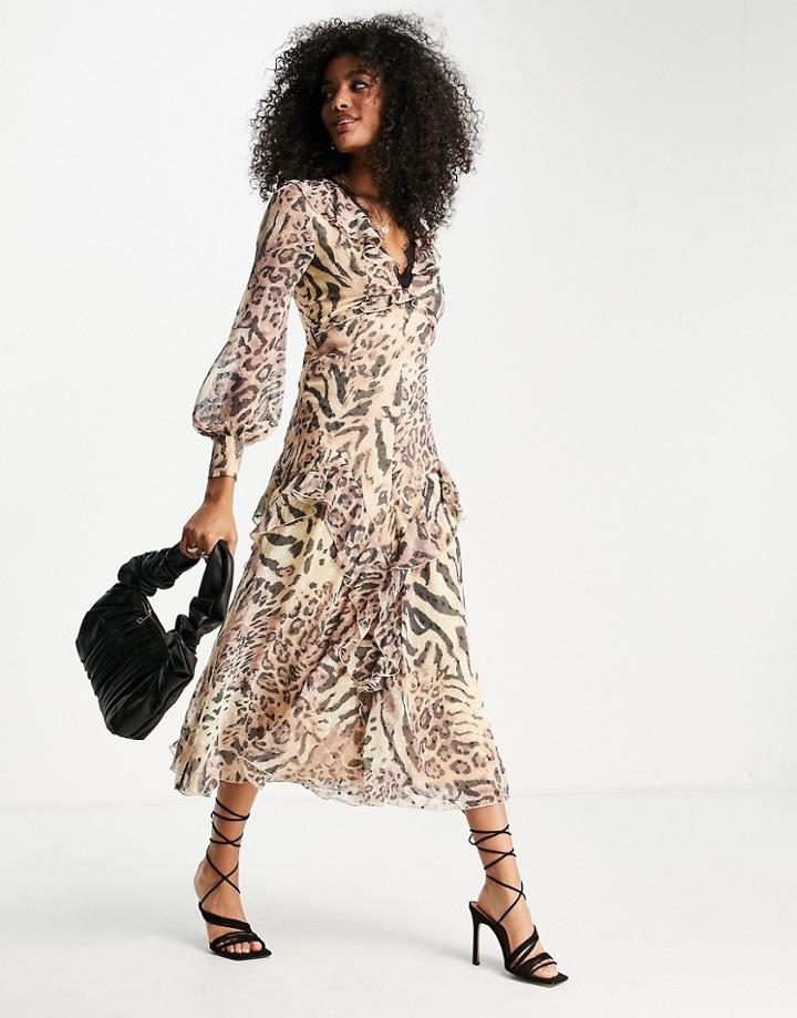 Asos Design Textured Button Through Long Sleeve Lace Trim Midi Tea Dress In Animal Print-multi