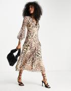 Asos Design Textured Button Through Long Sleeve Lace Trim Midi Tea Dress In Animal Print-multi
