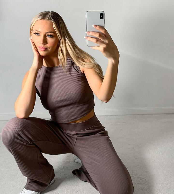 Missguided Set Ribbed Crop Top With Racer Neck In Brown