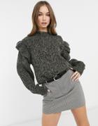 Topshop Frill Sleeve Cable Knit Sweater In Charcoal-grey