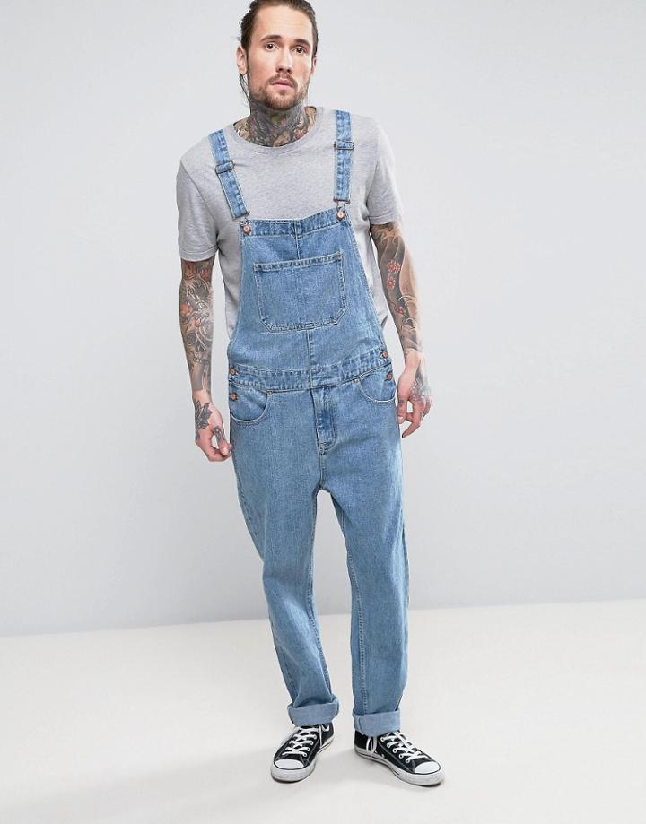 Asos Denim Overalls In Mid Blue Wash - Blue