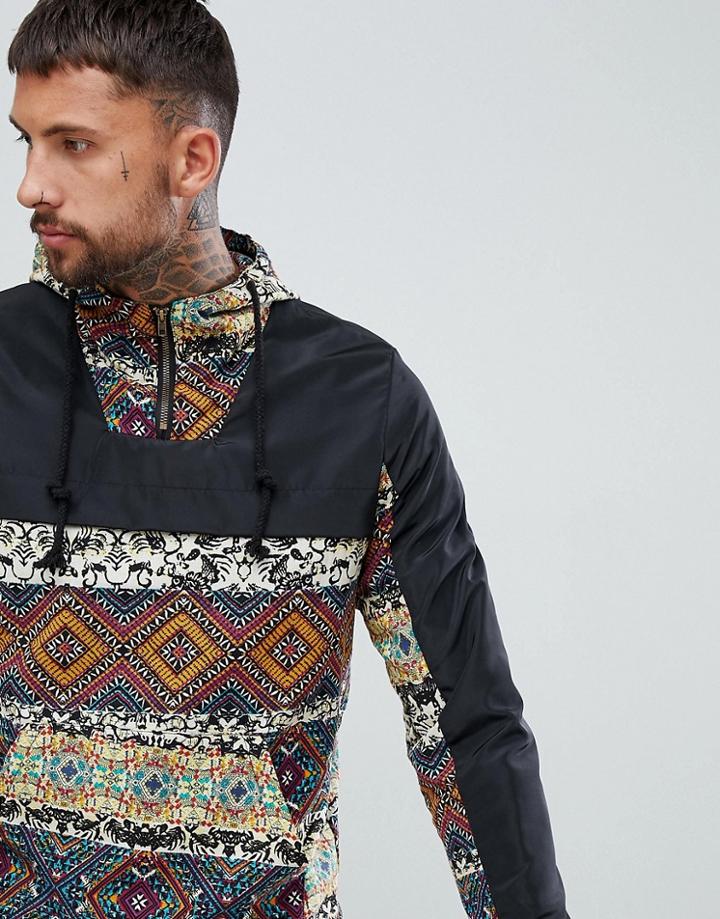 Boohooman Half Zip Jacket In Geo-tribal Print - Black