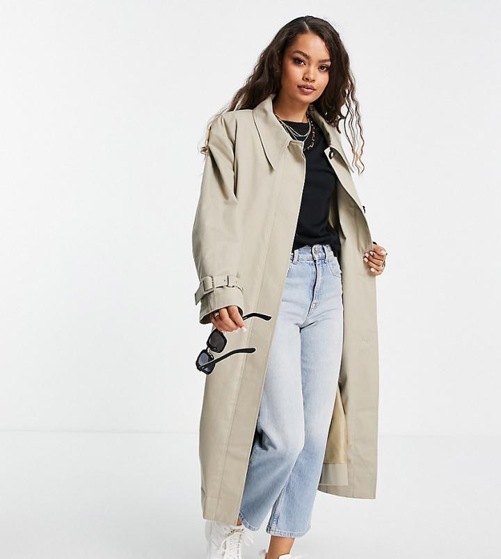 Asos Design Petite Sharp Collar Trench Coat In Stone-neutral