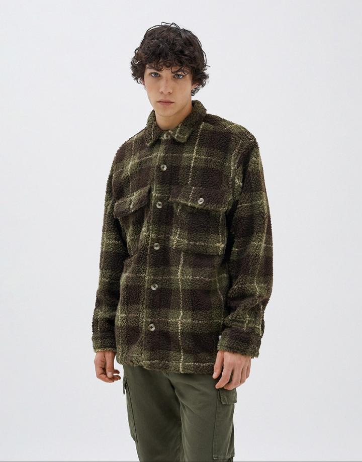 Pull & Bear Check Borg Jacket In Khaki-green