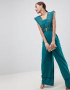Asos Design Lace Top Jumpsuit With Wide Leg - Blue