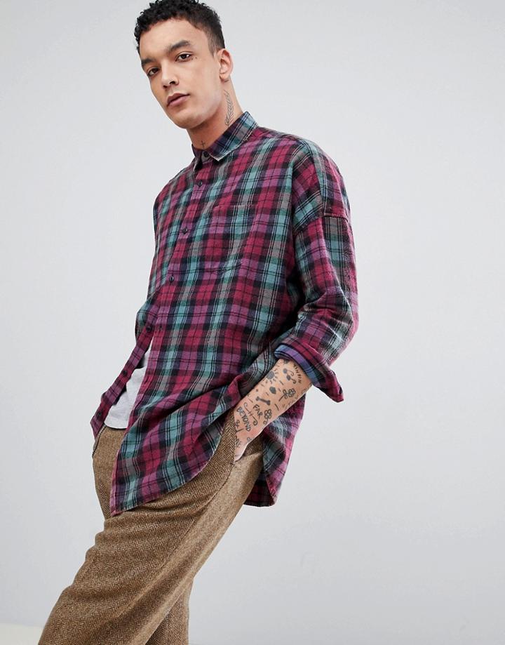 Asos Design Oversized Drop Shoulder Check Shirt With Acid Wash - Green
