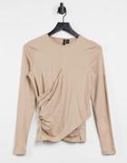 Vero Moda Top With Wrap Detail In Camel-neutral