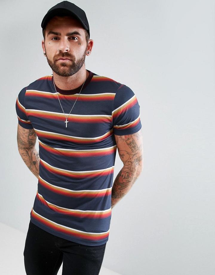 Asos Muscle T-shirt With Retro Stripe - Navy
