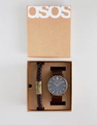 Asos Design Watch And Bracelet Set In Brown With Burnished Gold Highlights - Brown