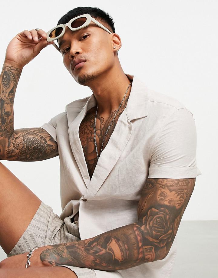 Asos Design Regular Linen Shirt With Low Deep Revere In Stone-neutral