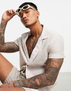 Asos Design Regular Linen Shirt With Low Deep Revere In Stone-neutral