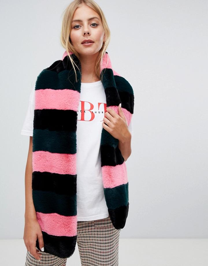 Miss Selfridge Faux Fur Scarf In Stripe - Multi