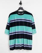 Asos Design Oversized Stripe T-shirt In Blue Velour - Mblue-blues