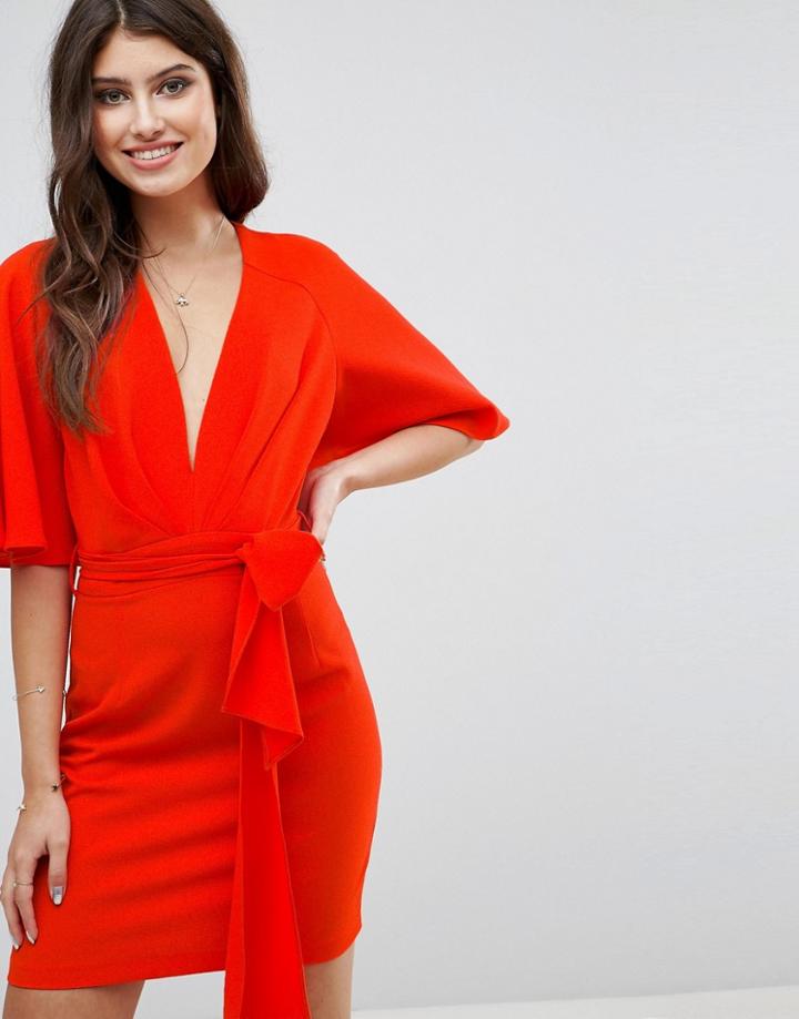 Asos Fluted Sleeve Mini Dress With Belt-red