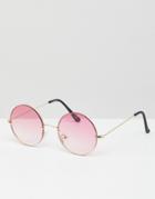 Asos Design Round Sunglasses In Silver With Pink Fade Laid On Lens - Silver