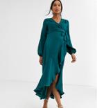 Flounce London Maternity Satin Wrap Front Midi Dress In Forest Green