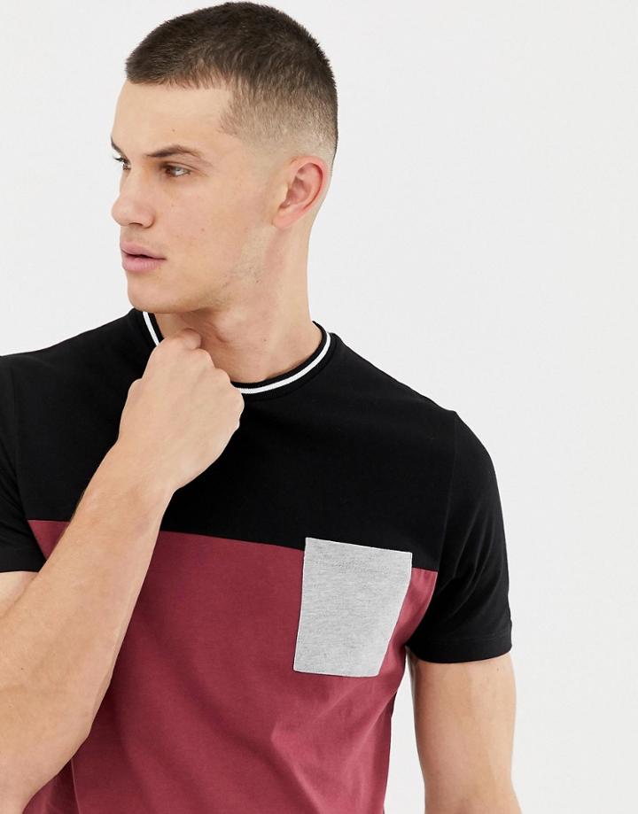 Asos Design T-shirt With Contrast Yoke And Pocket In Burgundy - Red