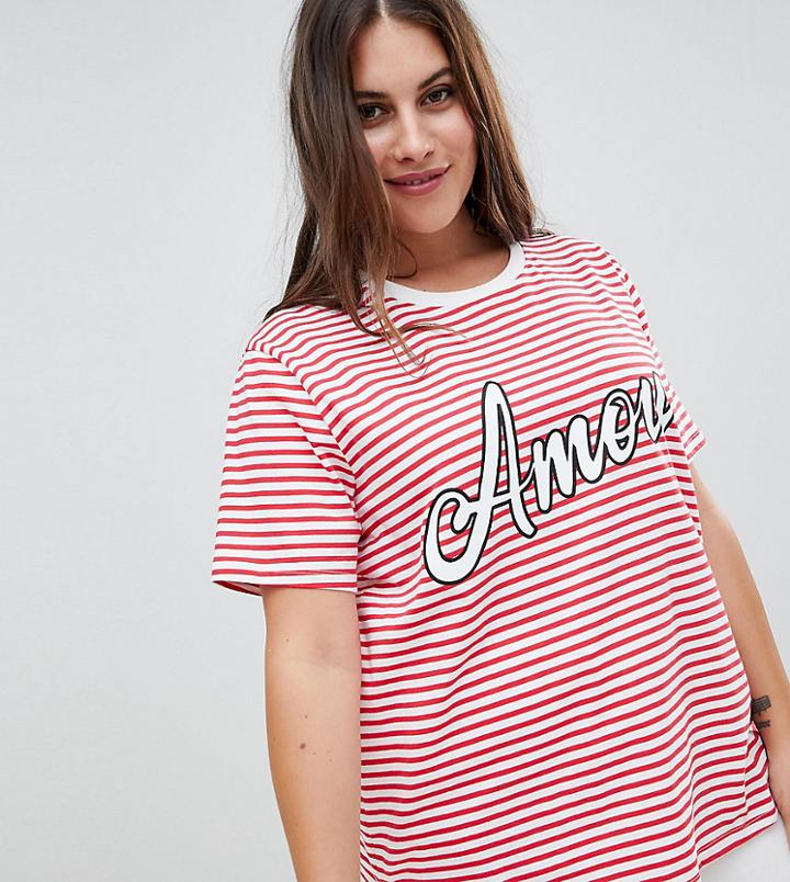 Asos Design Curve T-shirt In Stripe With Amour Print - Multi