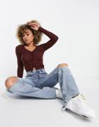 Asos Design Rib Cardigan In Sheer Knit In Brown