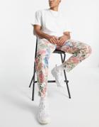 Liquor N Poker Floral Print Straight Leg Jeans Set In Beige-neutral
