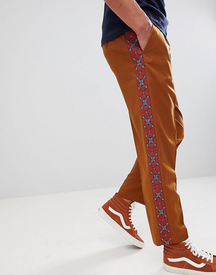 Asos Design Tapered Smart Trousers In Tan With Aztec Embroidered Side Stripe - Tan