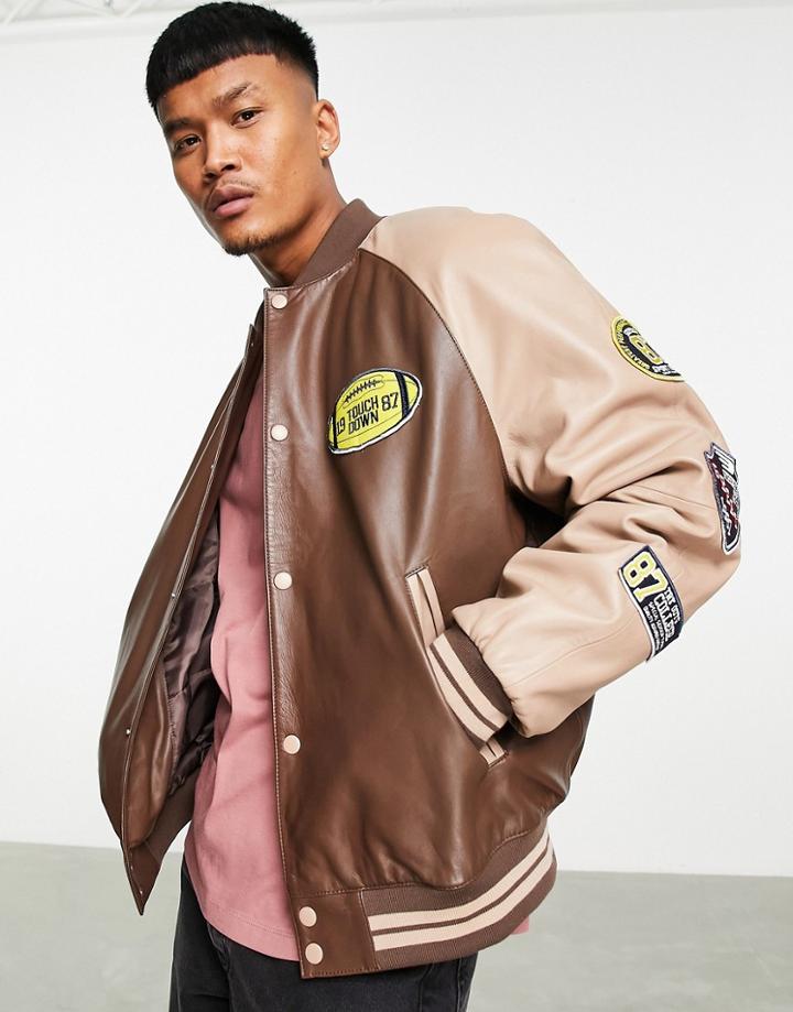 Asos Design Oversized Real Leather Varsity Jacket In Brown