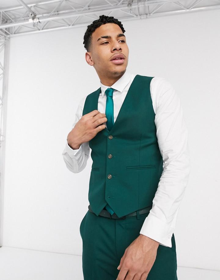 Asos Design Wedding Skinny Suit Vest In Forest Green