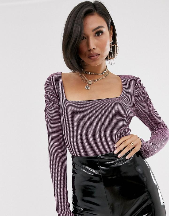 Asos Design Square Neck Micro Stripe Sweater With Volume Sleeve - Multi