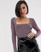 Asos Design Square Neck Micro Stripe Sweater With Volume Sleeve - Multi