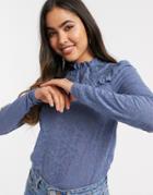 River Island Long Puff Sleeve T-shirt In Blue-blues