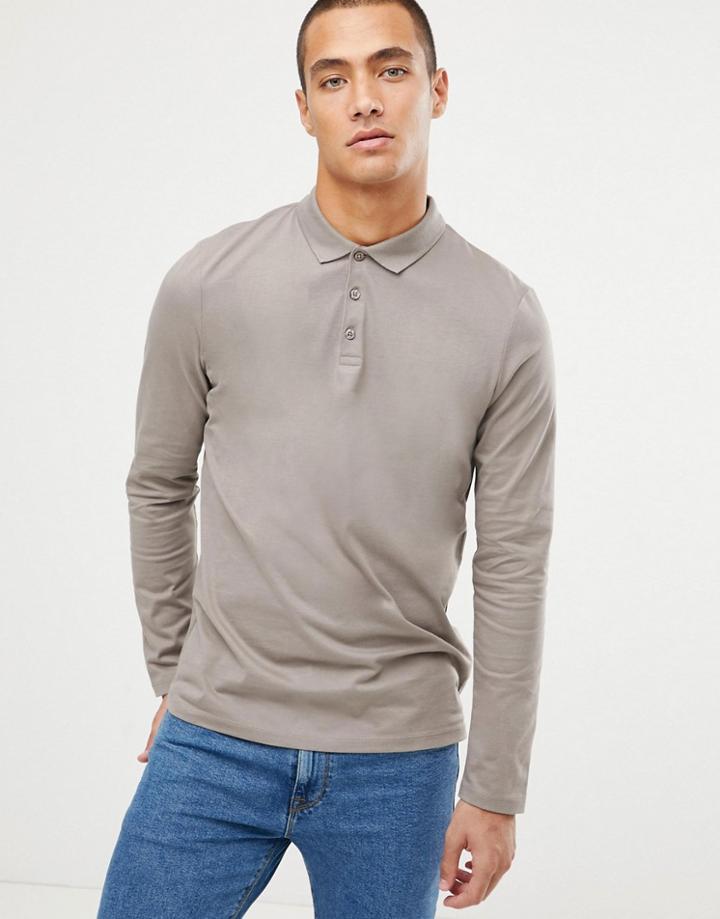 Asos Design Long Sleeve Polo In Jersey In Beige - Beige