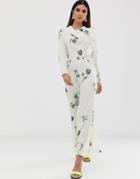 Asos Design Floral Print Long Sleeve Asymmetric Frill Jumpsuit-multi