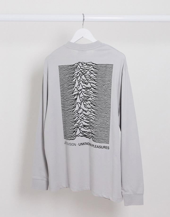 Asos Design Joy Divison Relaxed Long Seeve T-shirt With Large Back Print And Front Text-grey