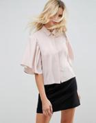 Asos Cropped Blouse With Flutter Sleeve - Pink