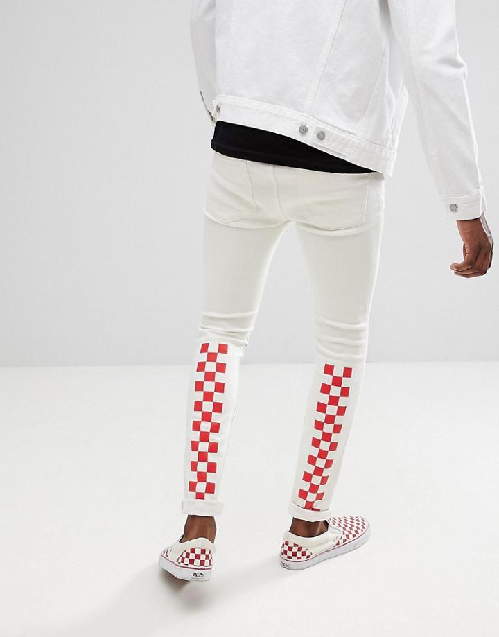 Asos Design Super Skinny Jeans In White With Red Checkerboard Print - Blue