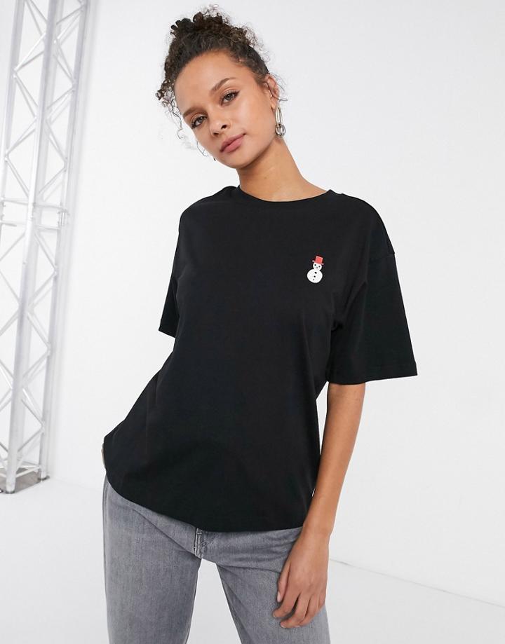 Monki Tovi Organic Cotton Christmas Snowman Print T-shirt In Black
