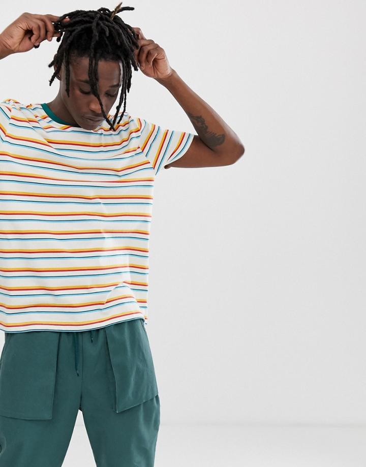 Asos Design Organic Cotton Relaxed T-shirt With Rainbow Stripe And Contrast Neck-multi