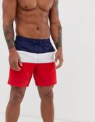 Asos Design Swim Shorts With Red White And Blue Cut And Sew In Mid Length - Green