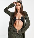 Asos Design Tall Plisse Longline Beach Shirt In Khaki - Part Of A Set-green